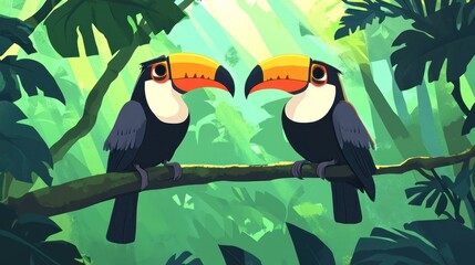Naklejka premium Toucans in a lush rainforest