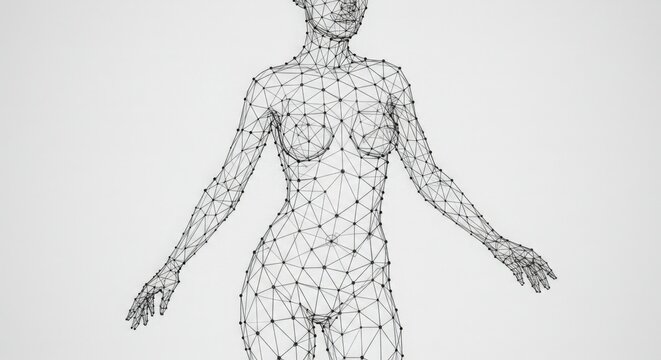 A wireframe human figure with a geometric design.