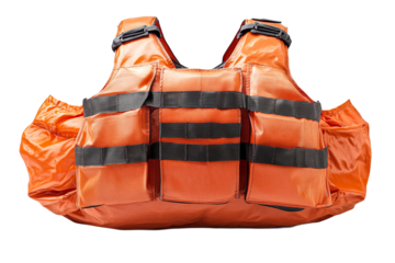 Orange life vest with pockets, personal flotation device, cut out transparent