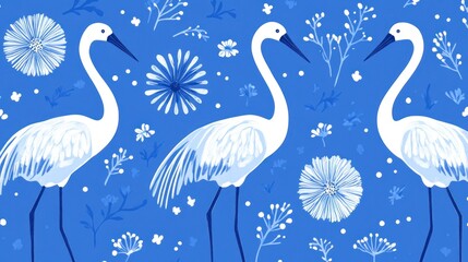 White Cranes, Floral Pattern, Blue Background