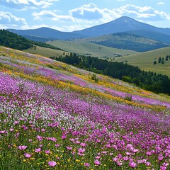 Fototapeta premium A vibrant hillside covered with colorful wildflowers and distant mountains