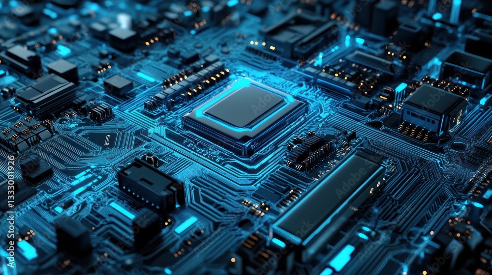 Poster close-up view of a high-tech microprocessor on a circuit board with glowing blue elements and intric