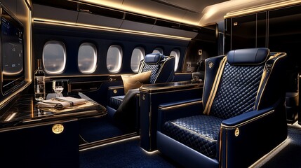 Opulent private jet interior featuring luxurious seating and bar area