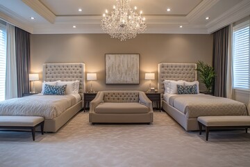 Fototapeta premium A luxurious bedroom displays two beds and a sitting area