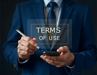 Business Professional in Blue Suit Using Smartphone and Stylus with Holographic Terms of Use Display in Futuristic Corporate Technology Setting