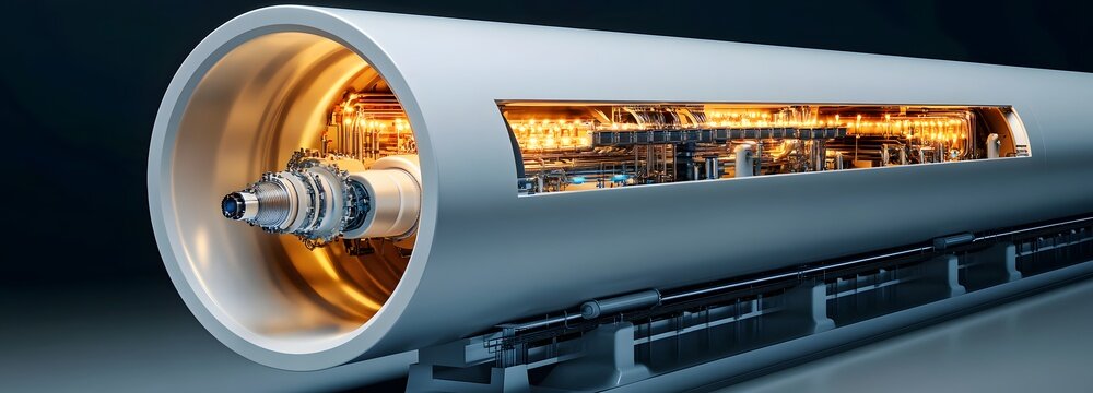 A hyperloop transportation system blueprint, showcasing vacuum tunnels, high-speed pods, and magnetic propulsion.