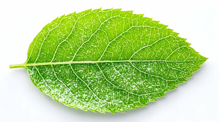 Obraz premium Close-up of a single green leaf on white background. Possible use Educational botany material