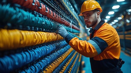 Worker checks array of colorful industrial cables in a structured environment