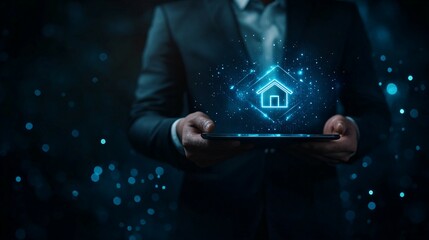 A person in a suit holds a glowing house icon