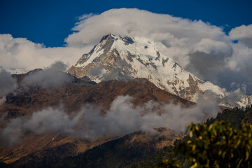 Majestic Mount Dhaulagiri Partially Covered by Clouds in the Himalayas, Nepal
