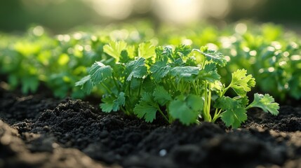 Fresh coriander seedlings in garden bed at sunrise