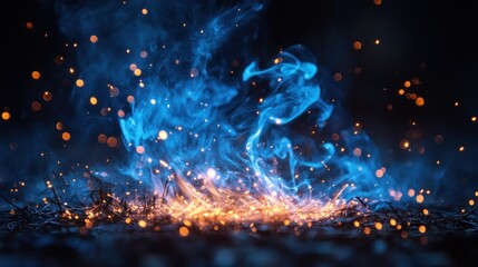 Blue flame fire sparks ground night