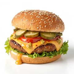 Delicious cheeseburger decorated with tomatoes on a clean, fresh tasty white background