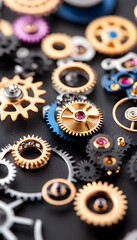 Close-up of watch gears and components on dark surface.  Possible use For a stock photo collection