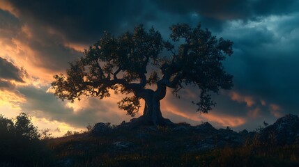 Dramatic scene of an old, gnarled tree silhouetted against a sunset sky with clouds, evoking a sense of age and resilience in nature.