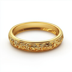 A gold band adorned with intricate carvings, displayed simply to accentuate its detailed artistry and classic appeal.