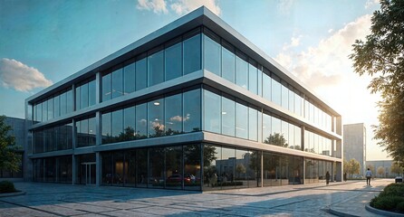 Modern Glass Office Building in a Serene Business District