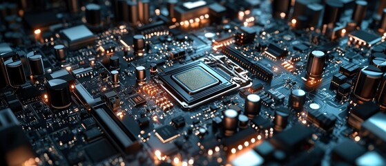 Obraz premium Close-up view of a complex microchip on a circuit board with glowing components and intricate details