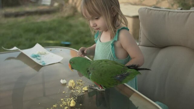 Little Girl and Parrot Sharing a Meal