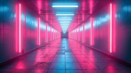 Naklejka premium Neon Pink Blue Corridor Vibrant Light Tunnel, Futuristic Synthwave Background Design