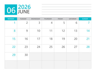 Calendar 2026 template vector, June 2026 template, week start on Monday, Desk calendar 2026 year, Business calendar in a minimalist, simple planner, Corporate planner template, print media design