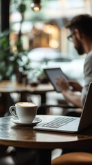 Fototapeta premium Man working at cafe with coffee laptop tablet.