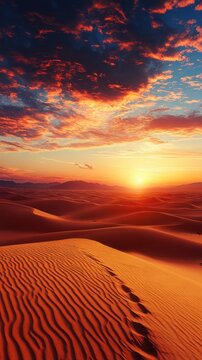Sunset over rolling sand dunes with vibrant clouds