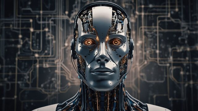 Detalles de un humanoide cibern&eacute;tico junto a un circuito que simboliza avances en tecnolog&iacute;a.