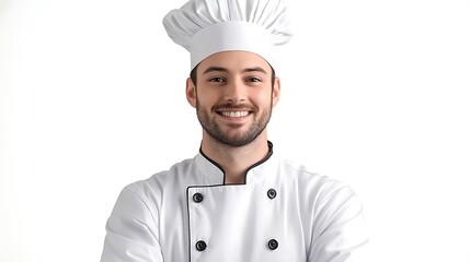A smiling chef in uniform, a charismatic professional in the kitchen