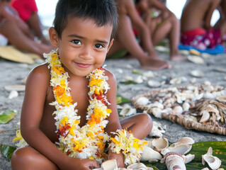 Kiribati child - Traditional Celebration: Dress the child in traditional Kiribati attire, such as a pandanus skirt or floral garlands, and photograph them interacting with cultural elements like woven