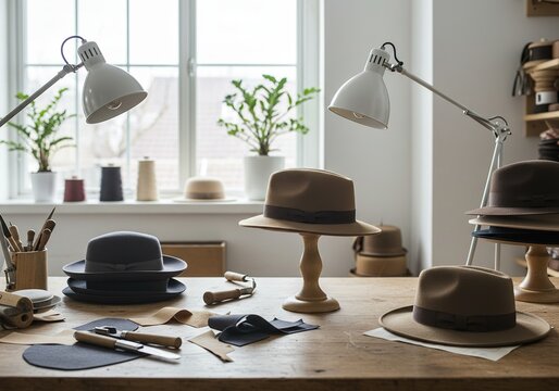 Hat Maker's Workshop: Crafting Elegant Fedora Hats with Traditional Tools in a Bright Studio Setting. - Powered by Adobe