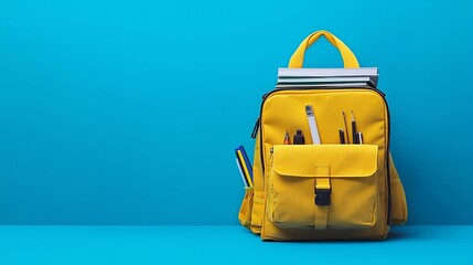 Yellow Backpack with School Supplies on Blue Background
