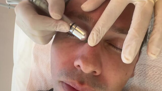 homem faz peling de diamante procedimento est&eacute;tico de pele facial