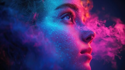 Fototapeta premium Emotive Portrait with Neon Lights: Mesmerizing Woman Surrounded by Colorful Smoke