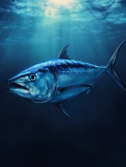 Swimming Tuna Fish in Deep Blue Sea with Sun Rays
