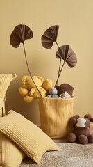 Fototapeta premium Nursery Decor, Yellow Basket with Stuffed Animals and Dried Palm Leaves