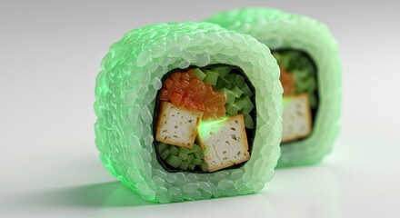 Delicious Green Sushi Roll with Tofu Salmon and Cucumber Close up Studio Shot