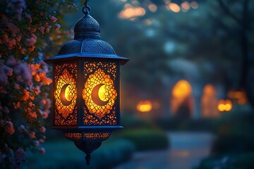 Ornate Lantern Casting Warm Light Amid Blooming Flowers in a Twilight Garden


