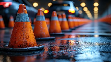 Roadside hazards row of cones, damp asphalt, blurred cars, and tunnel lights