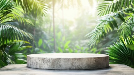 Fototapeta premium Minimalist product display podium amid vibrant botanical jungle backdrop