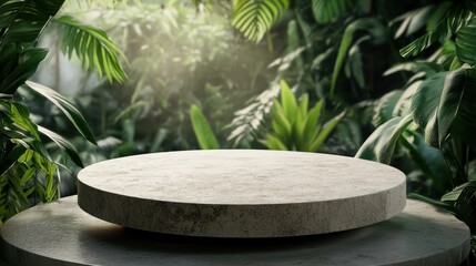 Elevated stone display platform in a lush, vibrant, tropical garden setting