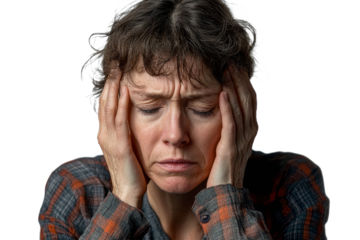 Woman in distress with a headache holds her head, cut out transparent