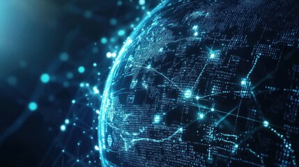 Obraz premium A close-up view of a digital globe showcasing interconnected data points and networks, illustrating global connectivity in a high-tech environment