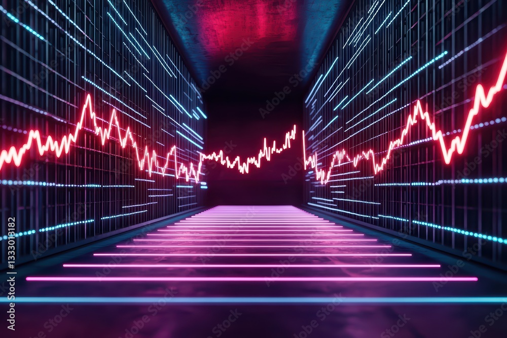 Poster dynamic financial data visualization concept with neon graph and bold lines in a dark space