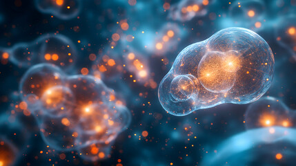 Glowing Cellular Network Blue Orange, Digital Art, Science Technology Design