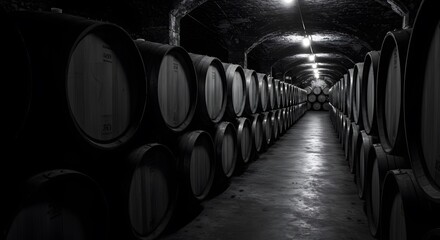 Dark wine cellar rows of aged oak barrels in a winery old wood food drink black white casks rural