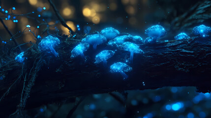 Close-up of bioluminescent fungus glowing on a dark branch at night. Cosmic Mycelium. Illustration