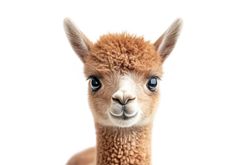 Cute alpaca portrait with fluffy fur and big eyes, cut out transparent