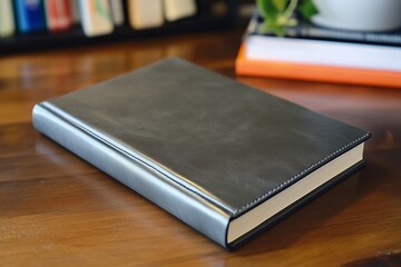 A sleek grey leather notebook, perfect for jotting down thoughts and ideas, enhances any workspace with style