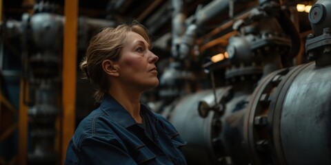 Fototapeta premium A thoughtful woman is observing machinery in an industrial setting, reflecting her deep engagement with her work and modern industry and the significance in a technical world.